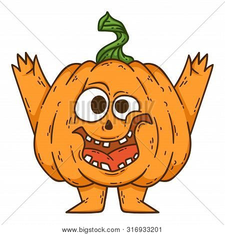 Halloween Smiling Pumpkin With Hands And Legs. Pumpkin With Witch Hat. Pumpkinhead Jack. Vector Illu