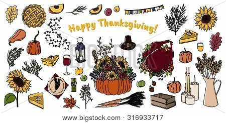 Thanksgiving Doodles Hand Drawn Set. Traditional Symbols Of The Holiday - Turkey, Pumpkin Pie, Apple