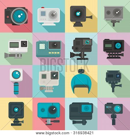 Action Camera Icons Set. Flat Set Of Action Camera Vector Icons For Web Design