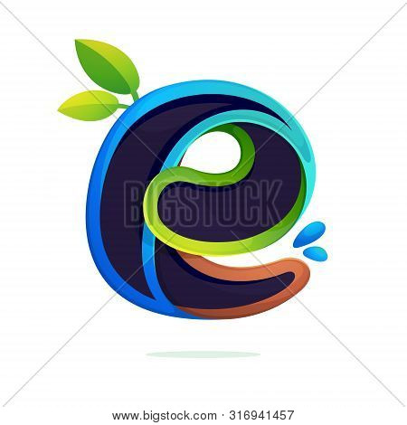 E Letter Logo Ecology Stylized With Green Leaves And Dew Drops. Font Style, Vector Design Template E