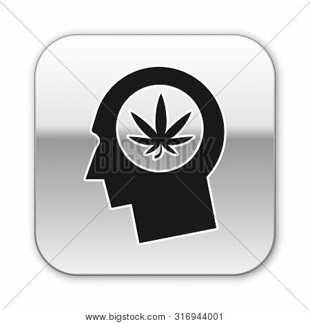 Black Silhouette Of Male Head In Profile With Marijuana Or Cannabis Leaf Icon Isolated On White Back