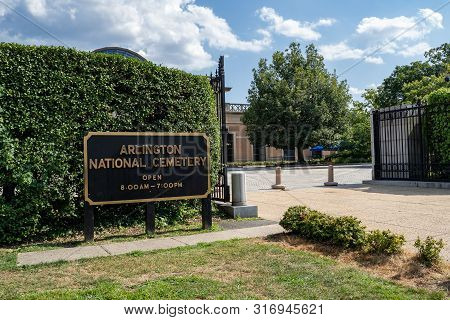 Arlington, Va - August 8, 2019: Welcome Sign At The Gate Of Arlington National Cemetary Located Just