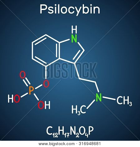 Psilocybin Alkaloid Molecule. It Is Naturally Psychedelic Prodrug. Structural Chemical Formula On Th