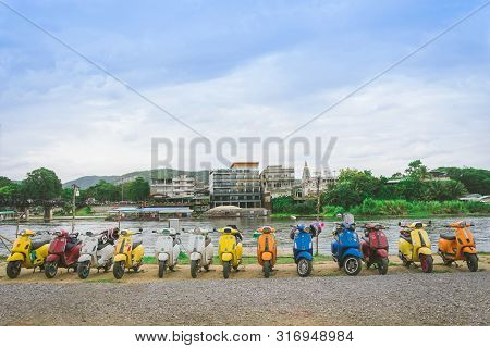 Kanchanaburi, Thailand - August 4, 2019 : Vespa Gang Were Parking In The Line For Meeting And Gether