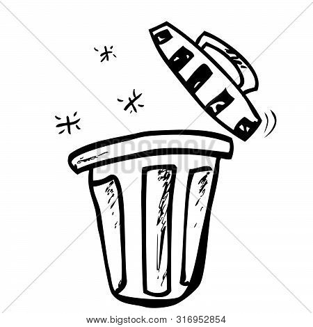 Vector Outline Hand Draw Sketch Of Clean And Tidy Trash Bin, At White.