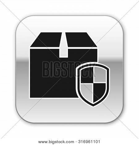 Black Delivery Pack Security Symbol With Shield Icon Isolated On White Background. Delivery Insuranc
