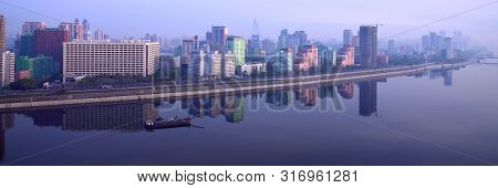 Pyongyang, North Korea -  April 30, 2019: Skyline And Taedong River In The Morning Fog. View On Mode