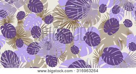 Violet Tropical Monstera Seamless Vector Pattern Background.