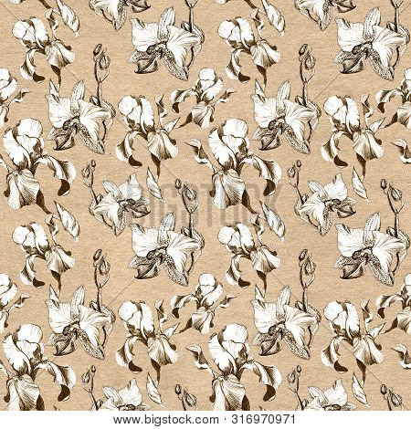 Floral Seamless Pattern With Hand Drawn Ink Iris And Orchid Flowers On Craft Paper Textured Backgrou