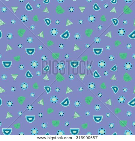 Blue And Green Organic Circular Shapes And Triangles On Lavander Background Seamless Pattern.