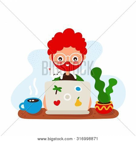 Cute Happy Smiling Young Man At A Desk With A Laptop And Cat.vector Hand Drawing Flat Style Illustra