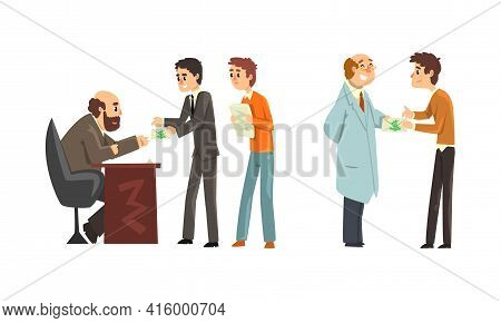 People Offering Bribes Set, Prevention Of Corruption Concept Cartoon Vector Illustration