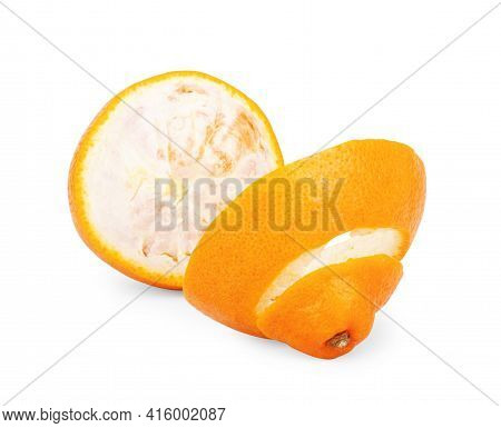Orange Fruit With Orange Slices And Leaves Isolated On White Background.