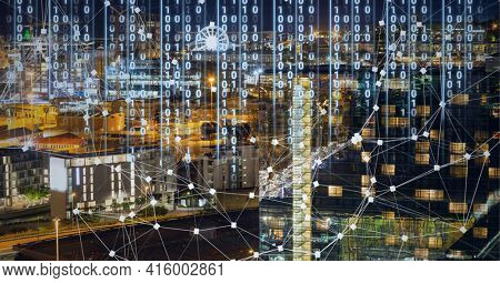 Composition of net of connections with digital interface over a cityscape in background. global technology, digital interface, connection and communication concept digitally generated image.
