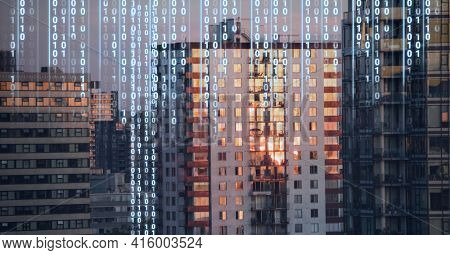 Composition of digital interface over a cityscape in background. global technology, digital interface, connection and communication concept digitally generated image.