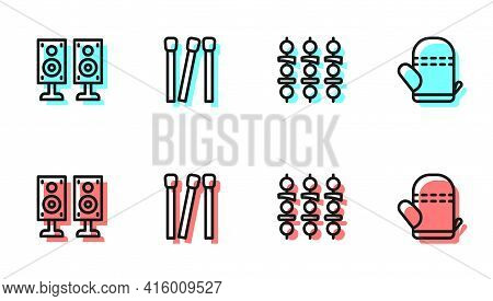 Set Line Grilled Shish Kebab, Stereo Speaker, Matches And Oven Glove Icon. Vector