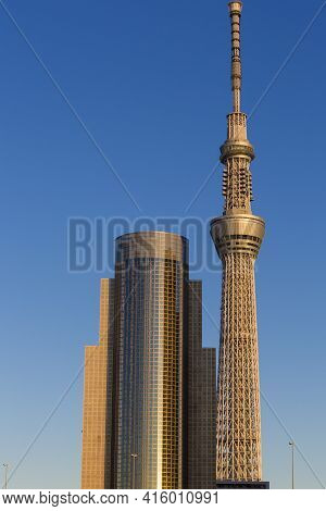 Tokyo, Japan, January 4 - 2013: Tokyo Skytree In Tokyo With Sunset, Japan 2013. The Skytree Is The W
