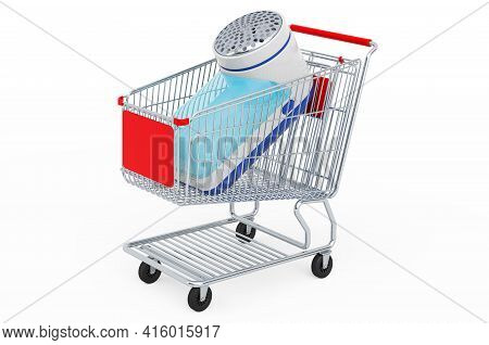 Shopping Cart With Lint Remover, Fabric Shaver. 3d Rendering Isolated On White Background