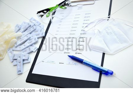 Filling Coronavirus Test Form. Covid-19 Rapid Antigen Test. Negative Outcome Medical Test Form For N