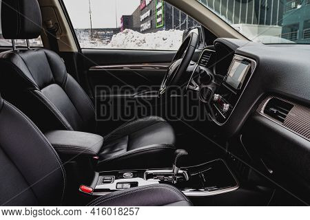 Moscow, Russia - January 30, 2021 Mitsubishi Outlander Dark Interior Close Up View. Third Generation