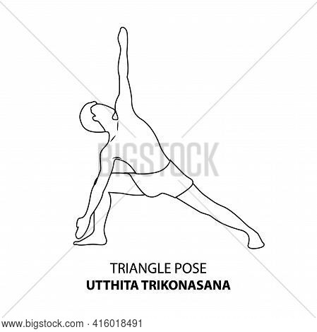 Man Practicing Yoga Pose Isolated Outline Illustration. Man Standing In Triangle Pose Or Utthita Tri