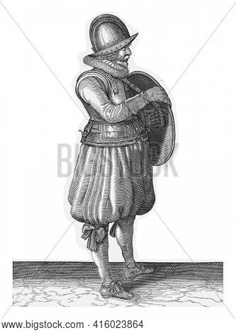 The exercise with shield and spear: the soldier pulls his arm out of the belt of the shield shield, vintage engraving.