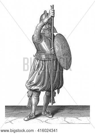 The exercise with shield and spear: the soldier brings in three during the skewer back in the resting position, second movement, vintage engraving.