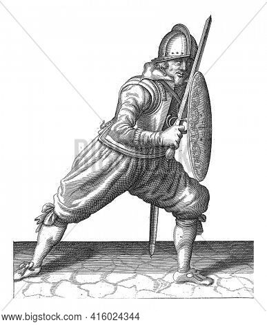 The exercise with shield and spear: the soldier in a defensive position with one foot forward and with his rapier and shield on the knee in front of the body, vintage engraving.