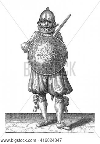 The exercise with shield and spear: the soldier standing at rest his rapier resting on the left shoulder behind the shield, vintage engraving.