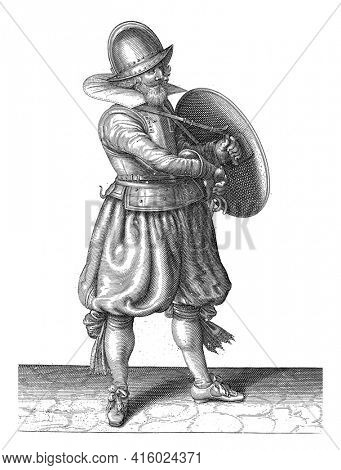The exercise with shield and spear: the soldier pulls his rapier from behind his shield, vintage engraving.