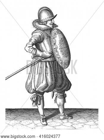 The exercise with shield and spear: the soldier brings in two during the skewer in position to drag, second movement holding the skewer at the tip, vintage engraving.