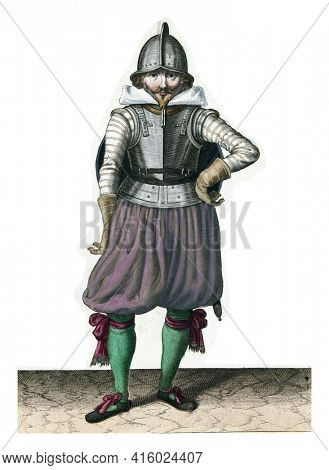 The exercise with shield and spear: the soldier standing at rest with the shield on the rug, vintage engraving.