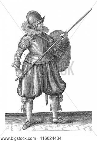 The exercise with shield and spear: the soldier brings the spear in three times in the correct position, second movement, vintage engraving.