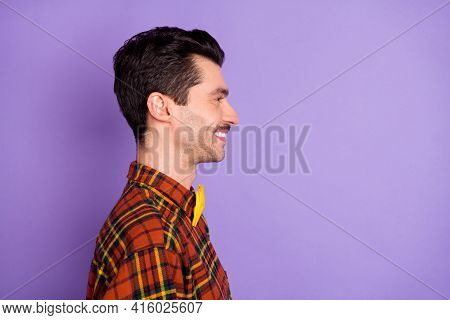Profile Photo Of Cheerful Positive Guy Look Empty Space Shiny Smile Wear Bow Tie Plaid Shirt Isolate