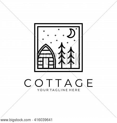 Line Art Cottage House Icon Logo Vector Illustration Design, Cabin Emblem Logo Design