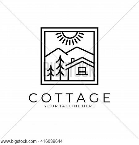 Line Art Cottage House Vector Symbol Illustration With Mountain View Logo Design
