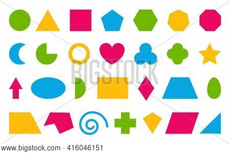 Basic Educational Geometric Shape Icon Set. Teaching Math Figures Triangle, Square, Circle, Hexagon,