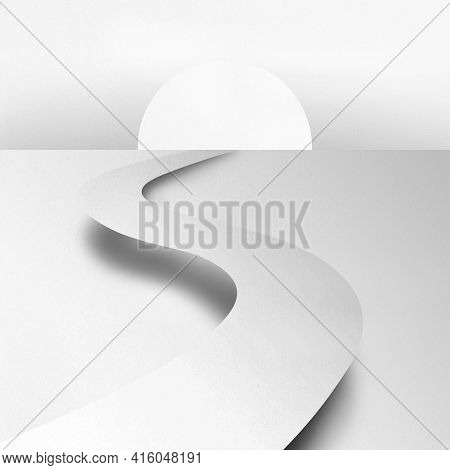 Abstract Illustration Of Levitating Wavy Road Going To Sunset Or Sunrise And Cast Shadow On Surface 
