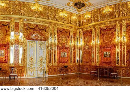 Saint-Petersburg, Russia - March 25 2021: Interior Amber Room, Catherine palace. The former imperial palace. Building is laid in 1717 on orders of Catherine. Tsarskoye Selo, Pushkin