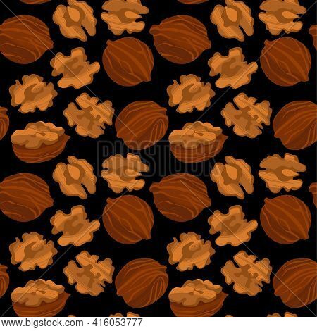 Walnuts Seamless Pattern. Nuts In Shell And Kernels.