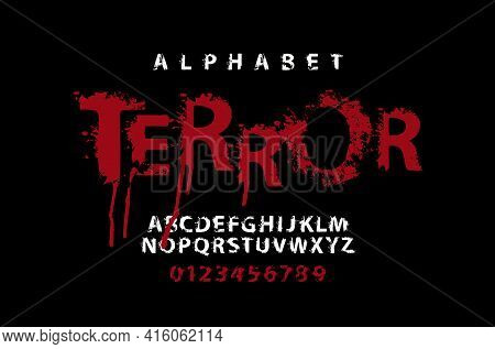Terror Lettering In Scary Dripping Bloody Letters. Vector Set Of White Alphabet Letters And Numbers 
