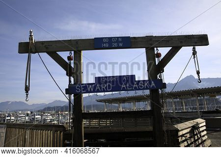 Seward, Alaska / Usa - August 08, 2019: Seward Wood Sign At Port, Seward, Alaska, Usa