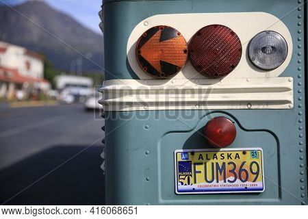 Seward, Alaska / Usa - August 08, 2019: Vehicle Registration Plate On Bus Back, Seward, Alaska, Usa