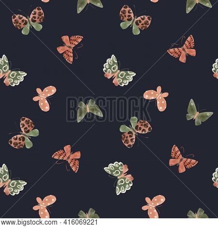 Beautiful Vector Seamless Pattern With Cute Watercolor Butterflies. Stock Illustration.