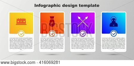 Set King Crown, Old Money Bag, Crossed Medieval Spears And Monk. Business Infographic Template. Vect