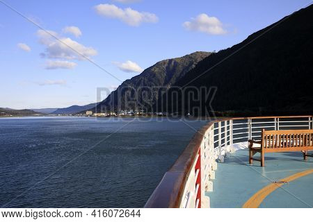 Juneau, Alaska / Usa - August 08, 2019: View From Ship Cruise Deck Near Juneau, Juneau, Alaska, Usa