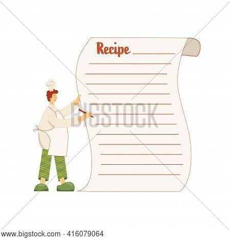 Cook Chef With Recipe Sheet, Hat, Uniform From Professional Kitchen Restaurant. Vector Stock Illustr