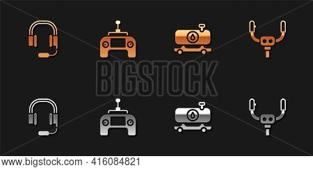 Set Headphones With Microphone, Drone Remote Control, Fuel Tanker Truck And Aircraft Steering Helm I