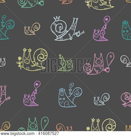 Seamless Pattern With Cute Cartoon Snails On Dark Background. Funny Animals Wallpaper. Vector Doodle