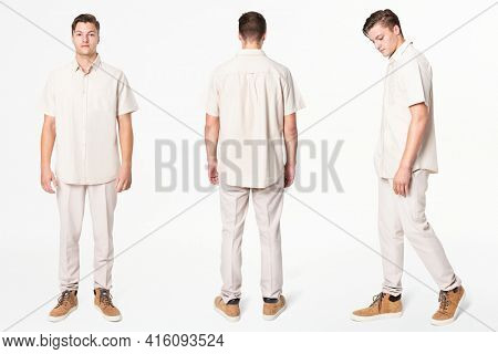 Man in beige shirt and pants casual wear fashion full body